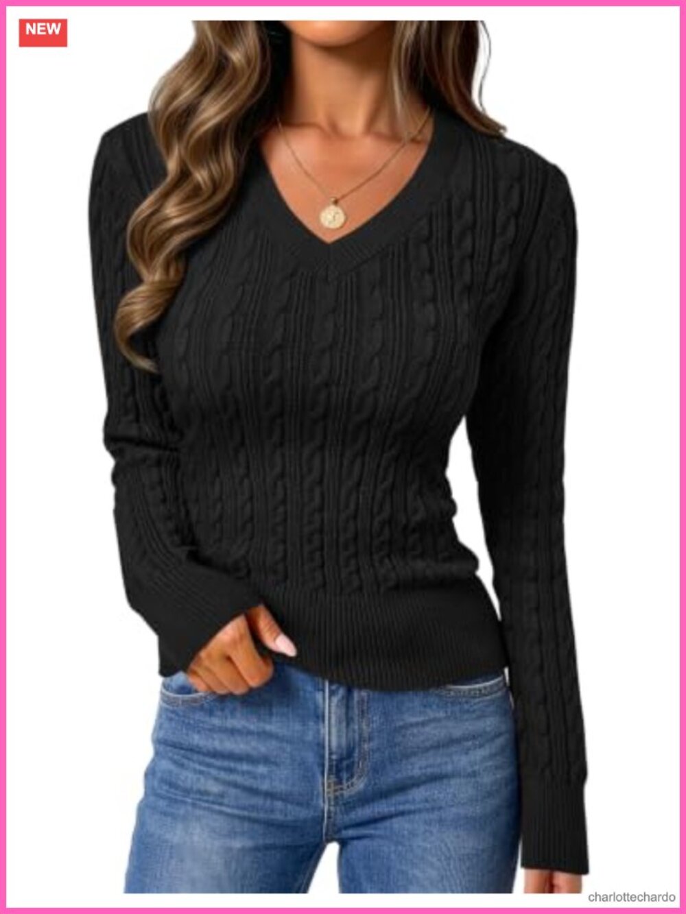 Cable Knit V-Neck Long Sleeve Pullover Sweater for Women Fitted Stretch